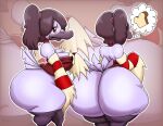 anatid anseriform anthro armwear avian big_butt bird black_hair bread breasts butt clothing duck feathers female food hair hi_res huge_butt legwear purple_body red_eyes skullgirls solo squigly stockings thedeathcrow05 undead
