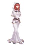  1girl absurdres arms_behind_back belly_chain breasts commission covered_navel dress fire_emblem fire_emblem:_mystery_of_the_emblem fire_emblem:_shadow_dragon_and_the_blade_of_light habit hazuki_(nyorosuke) highres jewelry lena_(fire_emblem) long_dress looking_away medium_breasts necklace nun red_eyes red_hair restrained robe simple_background skeb_commission solo veil white_background white_dress 
