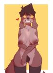  2021 anthro blush border breasts canid canine canis chest_tuft clothing conditional_dnp domestic_dog elijah-draws female genitals hi_res legwear mammal mostly_nude nipples pussy simple_background solo thigh_highs tuft white_border yellow_background 