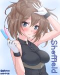  1girl arm_up bare_shoulders blush brown_hair casual food gloves grey_eyes halterneck highres jack_(slaintheva) kantai_collection long_hair looking_at_viewer popsicle sheffield_(kancolle) smile solo sweat white_gloves 