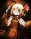  +_+ 1girl :q apron blonde_hair blood blood_in_hair blood_on_clothes blood_on_face blood_on_weapon brown_apron brown_gloves collared_shirt commentary_request gloves hair_ribbon highres holding holding_knife knife looking_at_viewer medium_hair orange_eyes partial_commentary red_eyes ribbon rumia scissors shirt smile solo spark621 tongue tongue_out touhou weapon white_shirt 