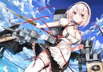  1girl absurdres anchor_choker apron azur_lane bangs black_dress blue_sky bob_cut breasts cleavage closed_mouth cloud cloudy_sky commentary day dress dutch_angle frilled_sleeves frills highres holding holding_sword holding_weapon horizon lace-trimmed_hairband lace_trim large_breasts light_frown looking_at_viewer marie_(pixiv31942978) ocean outdoors puffy_short_sleeves puffy_sleeves red_eyes ribbon-trimmed_legwear ribbon_trim rigging short_dress short_hair short_sleeves sirius_(azur_lane) sky solo standing sword thighhighs weapon white_apron white_hair white_legwear 