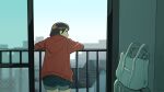 1girl arm_rest bag balcony blue_shorts brown_hair city cityscape commentary_request denim denim_shorts from_behind highres indoors jacket kojiro337 looking_afar original railing red_jacket scenery short_hair shorts solo standing stuffed_animal stuffed_toy suitcase teddy_bear window 