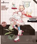  1girl :d animal_print apron banner black_background blonde_hair brown_background cat_print character_name commentary copyright_name cup dress drinking_glass drinking_straw english_commentary english_text food full_body girls&#039;_frontline hair_between_eyes headgear highres holding holding_tray ice ice_cream ice_cream_float ice_cube knee_pads looking_at_viewer m4_sopmod_ii_(girls&#039;_frontline) m4_sopmod_ii_(racing_parfait)_(girls&#039;_frontline) multicolored_background multicolored_hair necktie official_alternate_costume official_art open_mouth pink_dress pink_necktie plant potted_plant print_apron promotional_art puffy_short_sleeves puffy_sleeves red_eyes red_hair red_socks roller_skates second-party_source short_sleeves simple_background skates smile socks solo spoon streaked_hair sundae tray umo_(mica_team) wafer_stick waitress white_apron white_background white_footwear 