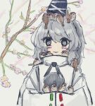  1girl animal_on_head animal_on_shoulder bird bird_on_hand bird_on_head bird_on_shoulder blush cherry_blossoms cloak grey_eyes grey_hair hands_in_opposite_sleeves hat high_collar japanese_clothes kariginu looking_at_viewer mononobe_no_futo neck_ribbon on_head ribbon ribbon-trimmed_sleeves ribbon_trim rituzou210 sketch smile solo sparrow straight-on tate_eboshi touhou upper_body white_cloak 