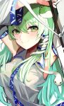  1girl absurdres armpits blush breasts closed_mouth collared_shirt commentary detached_sleeves frog_hair_ornament gohei green_eyes green_hair hair_ornament highres kochiya_sanae long_hair looking_at_viewer shirt smile snake_hair_ornament solo suzuno_woto touhou upper_body 