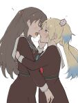  2girls after_kiss aqua_neckerchief blonde_hair blue_eyes blue_hair blush breath brown_dress brown_hair commentary dress facing_another flower fujishima_megumi gradient_hair hair_flower hair_ornament hand_on_own_cheek hand_on_own_face hands_on_another&#039;s_back hasu_no_sora_school_uniform highres himero light_blue_hair link!_like!_love_live! long_hair long_sleeves looking_at_another love_live! mira-cra_park! multicolored_hair multiple_girls neckerchief open_mouth osawa_rurino parted_bangs pleated_dress purple_eyes red_neckerchief sailor_collar sailor_dress saliva saliva_trail school_uniform sidelocks simple_background sweat symbol-only_commentary trembling twintails two_side_up virtual_youtuber white_background white_flower white_sailor_collar winter_uniform yuri 