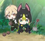  2boys :d absurdres animal_ear_fluff animal_ears asymmetrical_sleeves black_gloves black_hair blonde_hair blue_footwear blue_pants blunt_ends blush blush_stickers boots brown_eyes brown_footwear cape chibi closed_mouth commentary day dirt earrings english_commentary fingerless_gloves flower fox_boy fox_ears fox_tail game_screenshot_background genshin_impact gloves grass green_cape green_eyes green_gloves green_hair green_pants green_vest hair_between_eyes highres hood hood_down hoodie jewelry kaveh_(discovery)_(genshin_impact) kaveh_(genshin_impact) long_sleeves looking_down male_focus multicolored_clothes multicolored_eyes multicolored_hair multiple_boys official_alternate_costume on_ground ooyun open_mouth outdoors outline pants plant planted planted_shovel planting red_eyes rock shirt short_hair short_sleeves shovel sidelocks single_earring sitting smile standing streaked_hair tail tighnari_(genshin_impact) tree uneven_sleeves vest white_outline white_shirt yellow_flower 