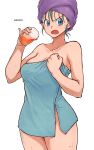  1girl aosora2823 bare_shoulders blue_eyes blue_hair breasts bulma collarbone cup dragon_ball glass highres juice open_mouth simple_background solo standing thighs towel wet 