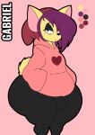 anthro bottomwear canid canine canis chihuahua clothed clothing domestic_dog gabriel_(thedeathcrow05) hair hat headgear headwear heart_symbol hi_res jacket male mammal model_sheet pants purple_hair solo thedarkzircon thick_thighs topwear toy_dog yellow_body