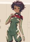  1girl alice_gear_aegis black_hair blush bodysuit braid breasts dark-skinned_female dark_skin green_eyes highres looking_at_viewer shanti_rana short_hair side_braid sigm@ skin_tight small_breasts smile solo 