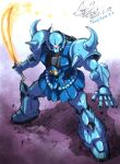  armor dated full_body glowing glowing_eye gouf gundam holding holding_sword holding_weapon lunamoon mecha mobile_suit mobile_suit_gundam multicolored_background no_humans robot shoulder_armor solo standing sword weapon 