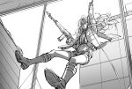  1girl action an-94 an-94_(girls_frontline) assault_rifle boots building dm_owr full_body girls_frontline greyscale gun highres holding holding_gun holding_weapon long_hair mask monochrome rappelling rifle rope shorts sketch solo weapon window 