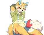 anthro bottomwear canid canine clothing eyes_closed fox hi_res hoodie kurari_(deruu) kurarifox male mammal shorts simple_background sitting solo topwear white_background