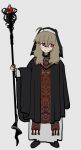  1girl :&lt; ahoge brown_hair coif flat_color full_body habit holding holding_staff jitome looking_to_the_side nun original red_eyes simple_background solo sqq staff standing traditional_nun v-bangs 
