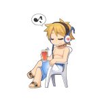 1boy blonde_hair blue_swim_trunks chibi closed_eyes closed_mouth cocktail crossed_legs cup drinking_straw full_body headphones holding holding_cup male_focus medium_bangs monobloc_(chair) musical_note no_nipples official_art poring ragnarok_online sandals short_hair simple_background sitting smile solo spoken_musical_note topless_male transparent_background yuichirou 