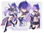 1girl acheron_(honkai:_star_rail) acryyy asymmetrical_footwear black_choker black_gloves black_shorts boots breasts chain character_name choker cleavage coat coattails detached_sleeves full_body gloves hair_over_one_eye hand_on_own_hip highres honkai:_star_rail honkai_(series) leg_tattoo long_hair midriff multicolored_hair navel purple_eyes purple_hair scabbard sheath sheathed short_shorts shorts simple_background single_bare_shoulder sparkle stomach streaked_hair sword tattoo thigh_boots weapon white_coat 