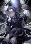  1girl absurdres black_dress black_gloves black_thighhighs breasts dress epiphyllum excalibur_(fate/prototype) fate/grand_order fate/prototype fate_(series) flower gloves grin highres hiro_(hirohiro_gorira) long_hair looking_at_viewer medium_breasts merlin_(fate/prototype) purple_eyes revision sitting smile solo sword thighhighs thighs veil very_long_hair weapon white_flower white_hair 