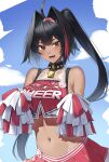  1girl :d ahoge bandaid bandaid_on_arm bare_shoulders bay_(nikke) black_hair black_hairband blue_sky blush breasts brown_eyes cheerleader clothes_writing cloud collar collarbone commentary cowboy_shot crop_top crop_top_overhang dark-skinned_female dark_skin day goddess_of_victory:_nikke hair_between_eyes hair_intakes hairband high_ponytail highleg highleg_panties highres holding holding_pom_poms large_breasts lock long_hair looking_at_viewer miniskirt mole mole_on_breast mole_under_mouth multicolored_hair navel open_mouth padlock padlocked_collar panties pleated_skirt pom_pom_(cheerleading) red_hair red_shirt red_skirt shirt sideboob sidelocks skirt sky sleeveless sleeveless_shirt smile solo spiked_collar spikes standing star_(symbol) star_in_eye star_sticker sticker_on_face stomach streaked_hair symbol_in_eye teeth two-tone_shirt two-tone_skirt underboob underwear yorugami_rei 