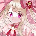  1girl bad_id bad_twitter_id blonde_hair chaos_marie_(grimms_notes) cleavage_cutout clothing_cutout grimms_notes hair_ribbon heart heart-shaped_pupils highres jewelry leil_syada long_hair necklace pendant pink_background pink_eyes puffy_sleeves ribbon simple_background smile solo symbol-shaped_pupils upper_body 