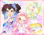  3girls ;d arm_up blue_wings brown_hair butterfly_hair_ornament commentary_request cosplay crossed_arms dress finger_to_cheek flower forehead_jewel gloves green_hair hair_ornament hairband idol_clothes idol_time_pripara index_finger_raised jewlie_(pripara) jigoku_mimiko junon_(pripara) junon_(pripara)_(cosplay) kanon_(pripara) kanon_(pripara)_(cosplay) kiki_ajimi long_hair looking_at_viewer multiple_girls nohoshio one_eye_closed open_mouth pink_flower pink_hair pinon_(pripara) pinon_(pripara)_(cosplay) pretty_series pripara puffy_short_sleeves puffy_sleeves purple_dress purple_eyes purple_hairband red_eyes shirt short_sleeves smile standing star_(symbol) sweatdrop twintails very_long_hair white_gloves white_shirt wings 