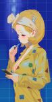  1girl bathroom blonde_hair breasts brushing_teeth cellphone circle cleavage forehead highres holding holding_phone looking_at_phone medium_breasts original pajamas phone rectangle sekoshi_(some1else45) solo some1else45 tile_wall tiles triangle upper_body yellow_pajamas 