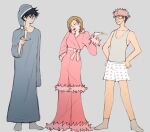  1girl 2boys bathrobe black_hair blue_robe candle fushiguro_megumi grey_background hair_between_eyes highres holding holding_candle itadori_yuuji jujutsu_kaisen kahshimo kugisaki_nobara male_underwear multiple_boys pink_hair pink_robe robe shirt short_hair simple_background smile socks spiked_hair undercut underwear white_male_underwear 