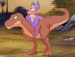 anthro big_breasts breasts chel clothed clothing cosplay curvy_figure delilah_(trias) dinosaur dinosaurs_inc. duo female feral hi_res jewelry outside reptile riding scalie the_road_to_el_dorado theropod trias tyrannosaurid tyrannosauroid tyrannosaurus tyrannosaurus_rex wide_hips