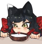  1girl animal_ears black_hair bowl cat_ears cat_girl commentary drinking dungeon_meshi english_commentary fang fang_out hands_up highres izutsumi licking magentaroll milk mismatched_animal_ear_colors red_scarf scarf short_hair solo white_background yellow_eyes 