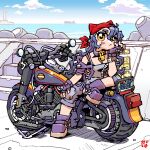  1girl :&lt; blue_hair boots breasts camisole cleavage frown hand_on_own_cheek hand_on_own_face lighthouse motor_vehicle motorcycle necosuke ocean on_motorcycle orange_eyes original outdoors seaside sitting sky solo stairs wavy_hair 