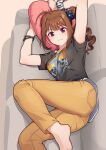  1girl :3 ahoge arms_up bangs barefoot black_shirt blue_scrunchie blunt_bangs breasts brown_hair closed_mouth clothes_writing commentary_request couch drill_hair eyebrows_visible_through_hair feet_out_of_frame from_above hair_ornament hair_scrunchie heart heart_pillow holding holding_pillow idolmaster idolmaster_million_live! indoors kamille_(vcx68) leg_up light_blush looking_at_viewer lying medium_breasts medium_hair on_couch on_side pants pillow pocket print_scrunchie print_shirt purple_eyes scrunchie shirt short_sleeves side_ponytail sidelocks skull_print smile solo star_(symbol) star_print striped striped_scrunchie white_scrunchie wrist_scrunchie wristband yellow_pants yokoyama_nao 