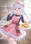  1girl apron blush fang_qiao food food_writing hat highres holding holding_food indoors ketchup long_hair long_sleeves looking_at_viewer omelet omurice open_mouth original pink_apron plate purple_shirt red_eyes shirt smile solo spatula twintails white_hair 