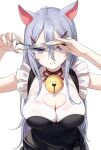  1girl blue_hair breasts cleavage_cutout clothing_cutout heart_cutout holding holding_scissors large_breasts long_hair looking_at_viewer purple_eyes scissors solo symbol_commentary yumaomi 