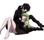  1boy 1girl absurdres barefoot black_dress black_gloves black_hair black_shirt blood blood_on_clothes blood_on_face c.c. code_geass collared_shirt commentary_request dress elbow_gloves full_body gloves green_hair highres io_ion knee_up knees_up lelouch_vi_britannia long_hair looking_at_another lying_on_lap open_mouth purple_eyes shirt short_hair sitting smile white_background yellow_eyes 