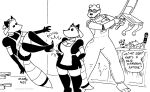 anthro bear breasts canid canine chair cleavage clothed clothing dialogue dildo domestic_cat english_text felid feline felis female fox furniture group maid_uniform male mammal overalls_only robota_(tegerio) sex_toy tail tegerio text uniform