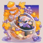  1boy absurdres armor autumn_leaves blueberry book book_stack border cape food fruit glef_life gradient_background grey_border highres kirby_(series) mask meta_knight one_eye_closed pauldrons potion shoulder_armor solo vial white_cape yellow_eyes 
