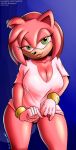 2020 accessory amy_rose anthro bedroom_eyes big_breasts black_nose bracelet breasts cleavage_cutout clothing cutout dated digital_media_(artwork) eulipotyphlan female gloves green_eyes grin hair hair_accessory hairband handwear hedgehog hi_res inviting jewelry looking_at_viewer mammal narrowed_eyes pink_body seductive sega shirt short_hair signature simple_background smile solo sonic_the_hedgehog_(series) t-shirt tan_body tan_skin tendrils text tiquitoc topwear underwear url wide_hips