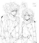  ? breasts chain circlet commentary_request dual_persona elbow_pads facial_mark genderswap hat jojo_no_kimyou_na_bouken kujo_jotaro lineart loincloth monochrome navel neckerchief sempon_(doppio_note) shoulder_pads small_breasts star_(symbol) star_platinum stardust_crusaders translation_request 