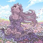  1girl blonde_hair breasts cleavage cloud collarbone day facing_up field fisheye floating_hair flower flower_field full_body highres long_hair looking_up necosuke original outdoors petals pink_flower purple_flower shoes sitting sky sneakers solo very_long_hair wariza wind yellow_eyes 