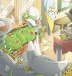  bench bread bulletin_board cutiefly dress flower food gardevoir gardevoir_(fashionable) glameow green_hair hat hat_flower highres igglybuff joltik ktbr_2 loaf_of_bread pachirisu plant pokemon pokemon_(creature) pokemon_unite potted_plant skwovet smile two-tone_fur white_dress window 