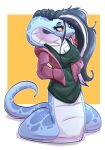 absurd_res amber_eyes black_hair breasts clothing forked_tongue hair hand_in_pocket hi_res hoodie kaya_(witchtaunter) long_hair multicolored_hair non-mammal_breasts pockets reptile scalie snake tongue tongue_out topwear two_tone_hair witchtaunter