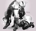  1boy 1girl ass backpack bag bar_censor blindfold blush boots breath censored cum erection feather-trimmed_sleeves feather_trim feathers gloves greyscale hairband heart high_heel_boots high_heels kneeling leotard mole mole_under_mouth monochrome nier_(series) nier_automata open_mouth penis puffy_sleeves short_hair socks sweat tarakoutibiru thigh_boots thighhighs trembling twitter_username yorha_no._2_type_b yorha_no._9_type_s 