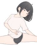  1girl 1ssakawaguchi black_hair black_shorts blush bob_cut breasts closed_eyes closed_mouth dolphin_shorts highres ichika_(1ssakawaguchi) medium_breasts original shirt short_hair short_shorts short_sleeves shorts simple_background solo split thighs twisted_torso white_background white_shirt 