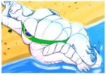 absurd_res anthro arms_above_head beach belly big_breasts bikini brazil breasts claws clothing curvy_figure digital_media_(artwork) eyes_closed female godzilla_(series) happy hi_res kaiju lying monster monsterverse on_back one-piece_swimsuit overweight overweight_female partially_submerged relaxing reptile scales scalie sea seaside sharkbubble shimo_(kaiju) simple_background sling_bikini smile solo spikes swimwear tail thick_thighs toho voluptuous water white_body