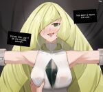  1girl 1other bare_shoulders blonde_hair breasts empty_eyes english_text eroborne green_eyes hair_over_one_eye hand_on_another&#039;s_chest highres hypnosis long_hair lusamine_(pokemon) mind_control pokemon pokemon_sm saliva swept_bangs upper_body 
