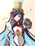  1girl black_hair blood blood_on_clothes blood_on_face blue_hair colored_inner_hair fate/grand_order fate_(series) grey_eyes headdress highres jewelry long_hair looking_at_viewer multicolored_hair one_eye_closed smile solo tearing_up tears tenochtitlan_(fate) tenochtitlan_(third_ascension)_(fate) uriuriyukitti 