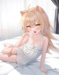  1girl :o ahoge animal_ears bare_legs barefoot blonde_hair blush breasts cementite claw_pose crossed_bangs dress hair_between_eyes highres indie_virtual_youtuber indoors lion_girl lion_tail long_hair looking_at_viewer on_bed rurudo_lion short_dress sleeveless sleeveless_dress small_breasts solo sundress tail virtual_youtuber white_dress yellow_eyes 
