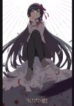  1girl akemi_homura black_hair eyebrows_visible_through_hair floating_hair from_below hair_between_eyes hair_ornament hair_ribbon hand_on_own_face highres kyubey long_hair looking_at_viewer looking_down mahou_shoujo_madoka_magica mitakihara_school_uniform neck_ribbon pantyhose perspective pink_ribbon purple_eyes ribbon samidare school_uniform very_long_hair 