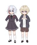  1boy 1girl aged_down aventurine_(honkai:_star_rail) bandaid bandaid_on_cheek bandaid_on_face bandaid_on_knee bandaid_on_leg black_footwear black_ribbon blonde_hair blue_eyes blush brown_shorts child collared_dress drawstring dress frown grey_dress grey_hoodie hair_between_eyes hair_intakes hair_ornament hands_on_own_hips hands_up hashtag-only_commentary highres honkai:_star_rail honkai_(series) hood hood_down hoodie index_fingers_together kneehighs long_sleeves looking_at_viewer mary_janes multicolored_eyes multicolored_hair neck_ribbon nervous open_clothes open_hoodie open_mouth purple_eyes raised_eyebrows red_hair rende2vou3 ribbon shirt shoes short_hair shorts simple_background socks standing streaked_hair sweatdrop topaz_(honkai:_star_rail) v-shaped_eyebrows white_background white_hair white_shirt white_socks wing_collar 