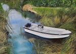  abandoned boat engine grass highres mizukiteiko8 motor_vehicle no_humans original painting_(medium) reflection reflective_water scenery traditional_media water watercolor_(medium) watercraft 